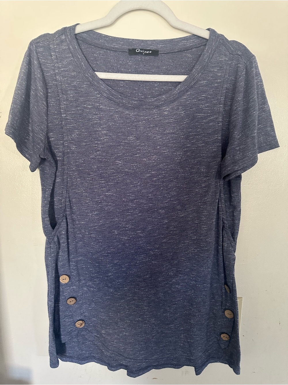 Quinee Blue Space Dye Short Sleeve T-Shirt Side Pockets Wooden Buttons M